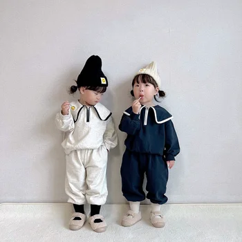 Chlapci Dievčatá Navy Preppy Vyhovuje Námorník Golier Farbou Batoľa Mikina+nohavice Oblečenie Sady Baby Tepláky kórejské Oblečenie Jeseň